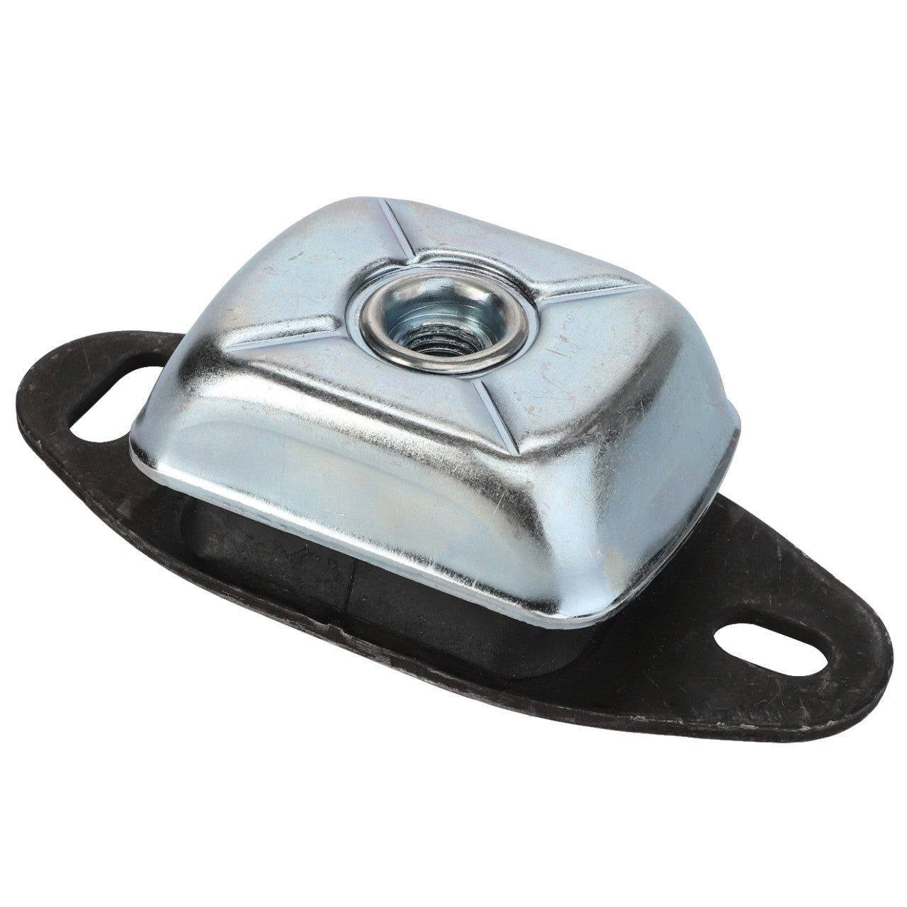 Introducing the AGCO | BEARING - ACP0533660 from the renowned brand AGCO. This metal mounting bracket features a square, dome-shaped top with a central threaded hole and two oval holes on the base for secure attachment.