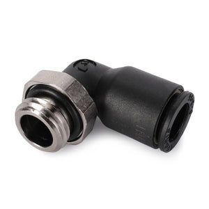 The AGCO | Union - 4305346M1, a black pneumatic elbow push-to-connect fitting from AGCO, features a metal threaded end on one side and a black push-fit connector on the other, suitable for Fendt Fitment.