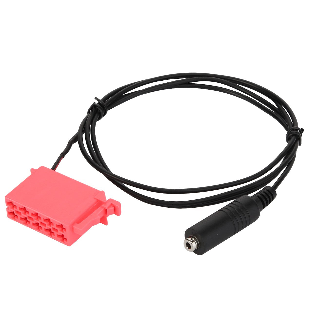 Introducing the AGCO Adapter Cable - F737812230040, featuring a black cable with a pink plastic connector on one end and a black 3.5mm female audio jack on the other, perfect for integrating into your Fendt Vario's audio system.