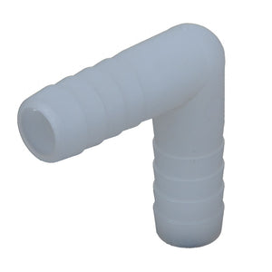 No current product description is available for the AGCO Elbow Fitting - Ag007433, a white plastic hose barb elbow fitting that features ribbed ends and a 90-degree angle.