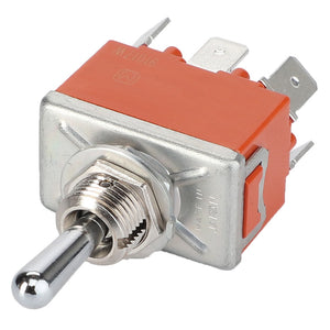 The AGCO | Button - La321932700, a metal toggle switch characterized by its orange body and multiple metal prongs for connections, has "Made in Japan" etched on its surface. There is currently no additional product description information available.