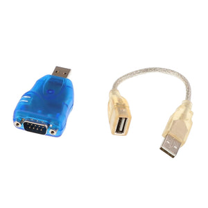 An AGCO blue USB-to-serial adapter (AG331709) and a short, transparent USB extension cable with a male USB connector on one end and a female USB port on the other. No current product description information available.