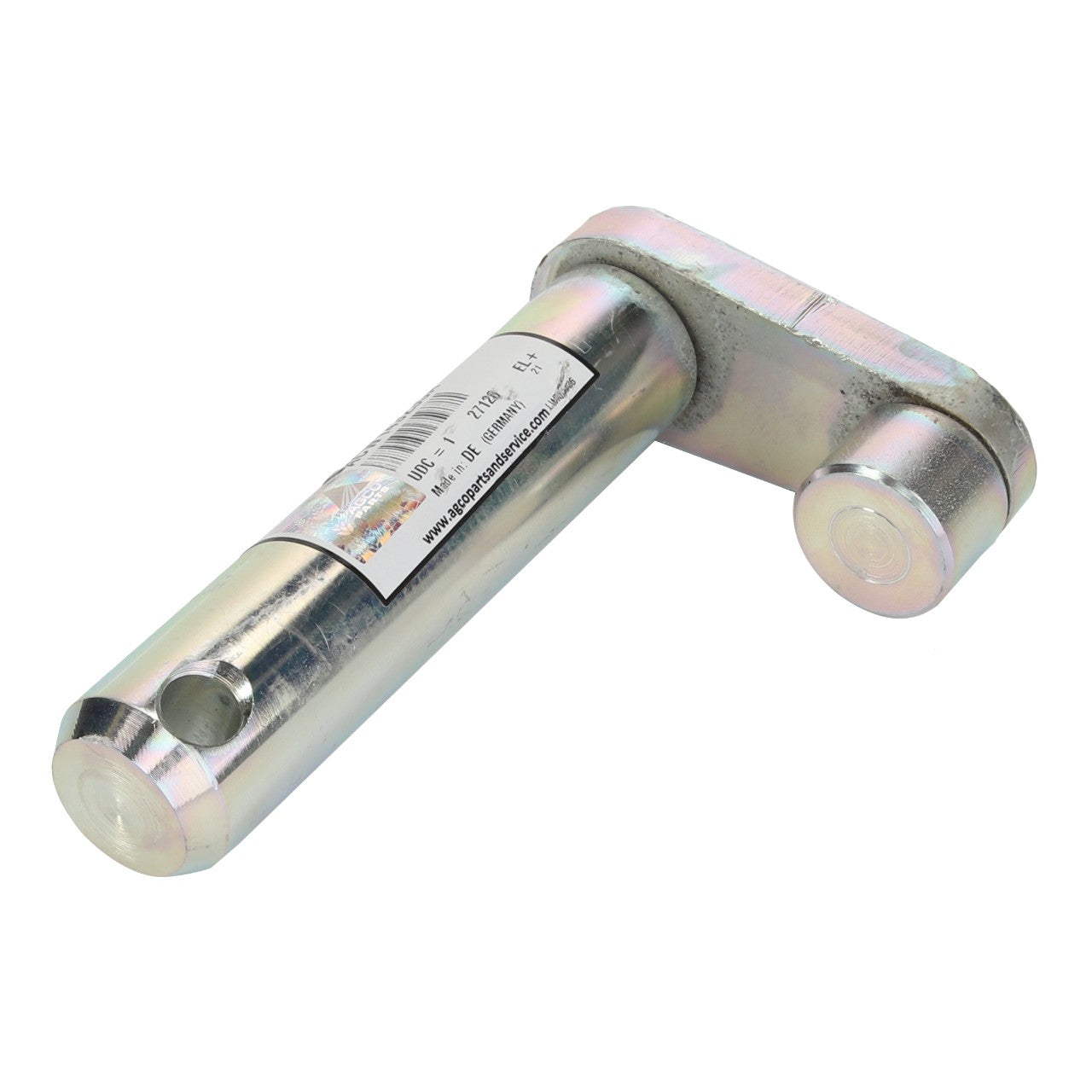 A metal hinge pin with a cylindrical base and perforations, featuring a product label with barcodes. No current product description information is available for the AGCO Clevis Pin - Acw143235A.