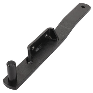 AGCO LEFT HAND ARM - D28485462 is a black metal bracket featuring a cylindrical peg and rectangular support, for which no current product description information is available.