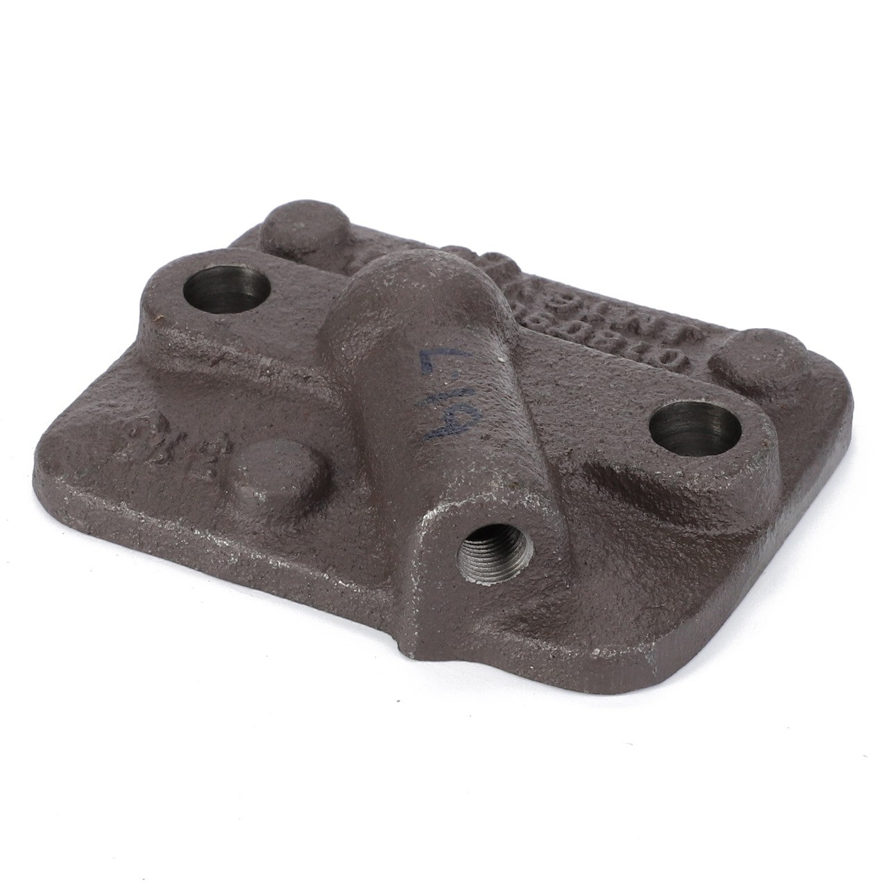 The AGCO | Cap - 180908M1 is a cast iron industrial component designed for Massey Ferguson tractors, featuring a central protrusion and four strategically placed holes—two on the base and two on the protrusion. The surface has a textured finish.