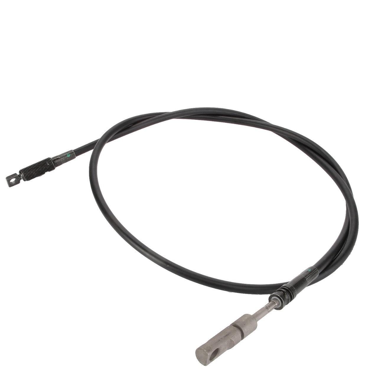 AGCO | CABLE - AL729822: A black, coiled cable featuring a metal fitting at one end and a threaded connector at the other. No current product description information is available for this item.