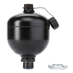 A black AGCO Diaphragm Accumulator, 0.75 L (part number 4357885M2), featuring a round shape, threaded connections on the top and bottom, and a removable cap on the top. Designed for Massey Ferguson models, it includes a metal nut placed beside it.