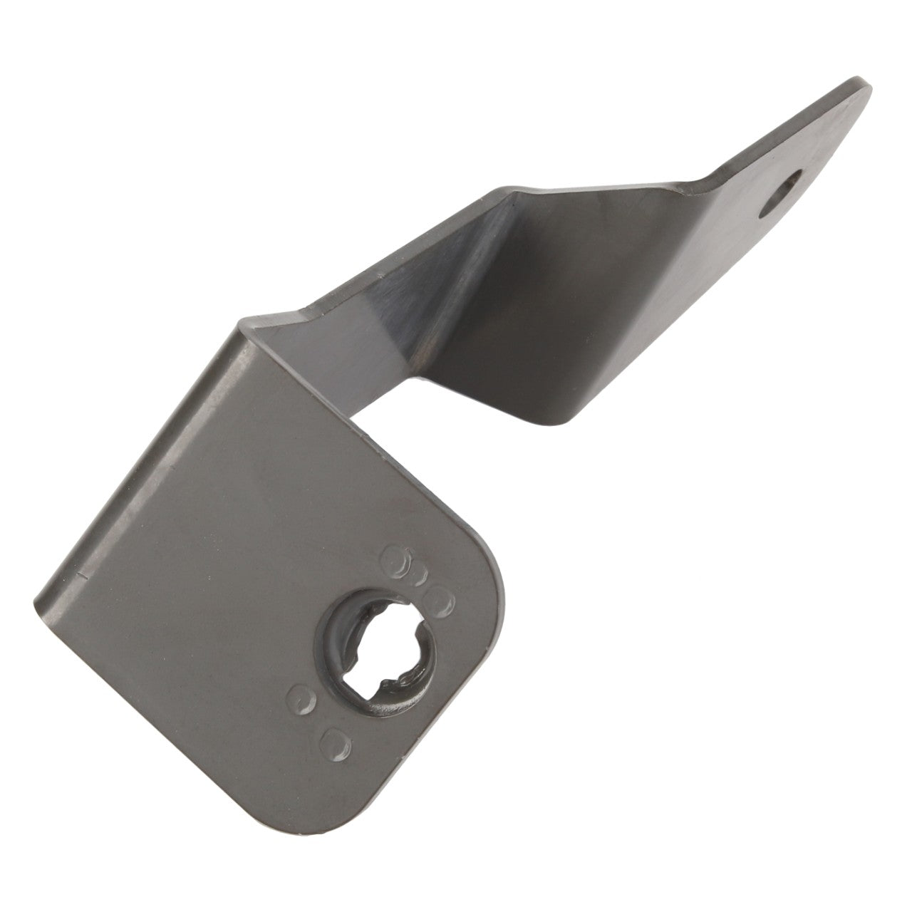 Introducing the AGCO Bracket - Acw1858380: a sleek, metallic bracket with a bent design, featuring a circular hole at one end and two small holes near the opposite end.