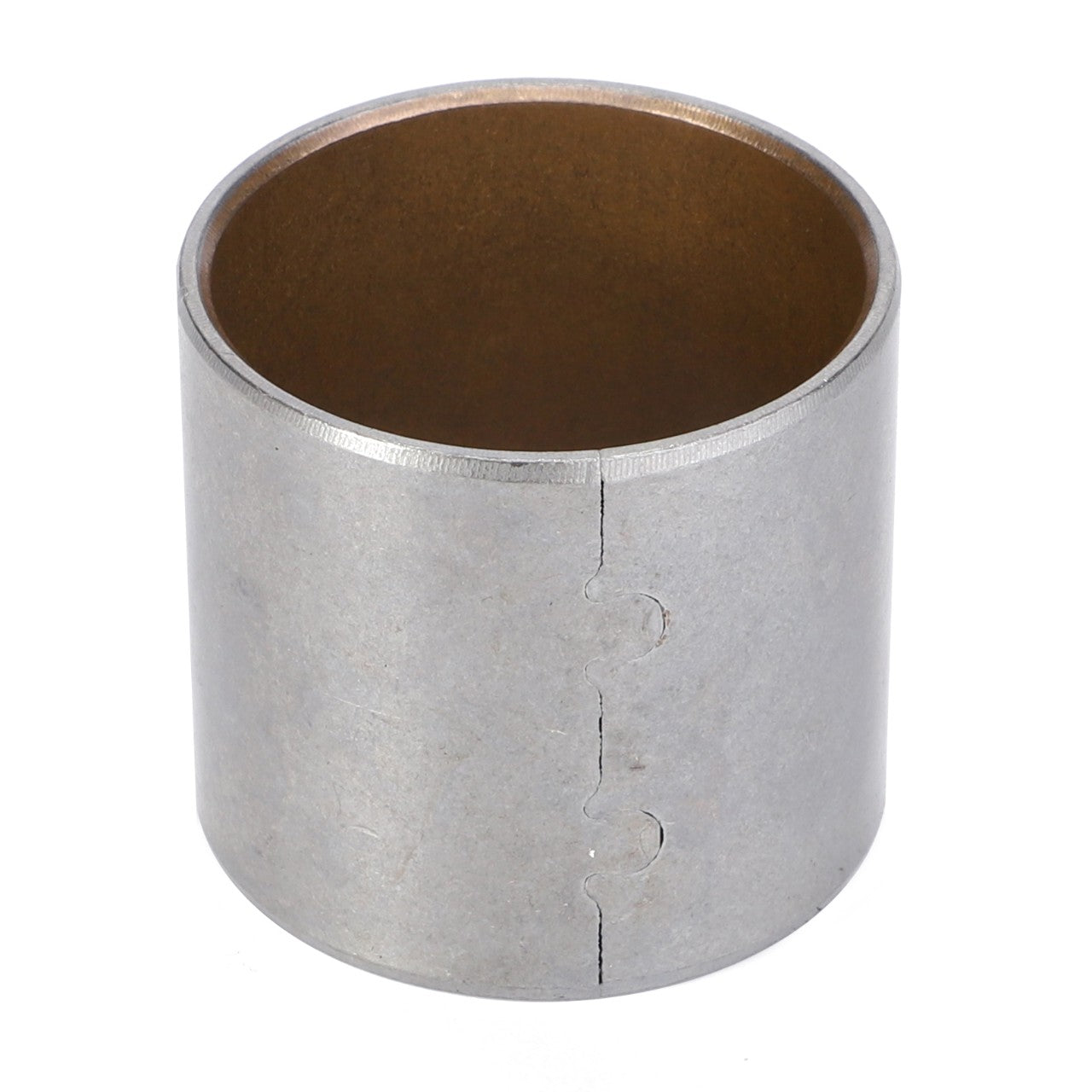 The AGCO | Bearing Bush - V836110646 from AGCO is a cylindrical metal bushing featuring a visible seam and a brown inner surface, commonly employed in Massey Ferguson machinery.