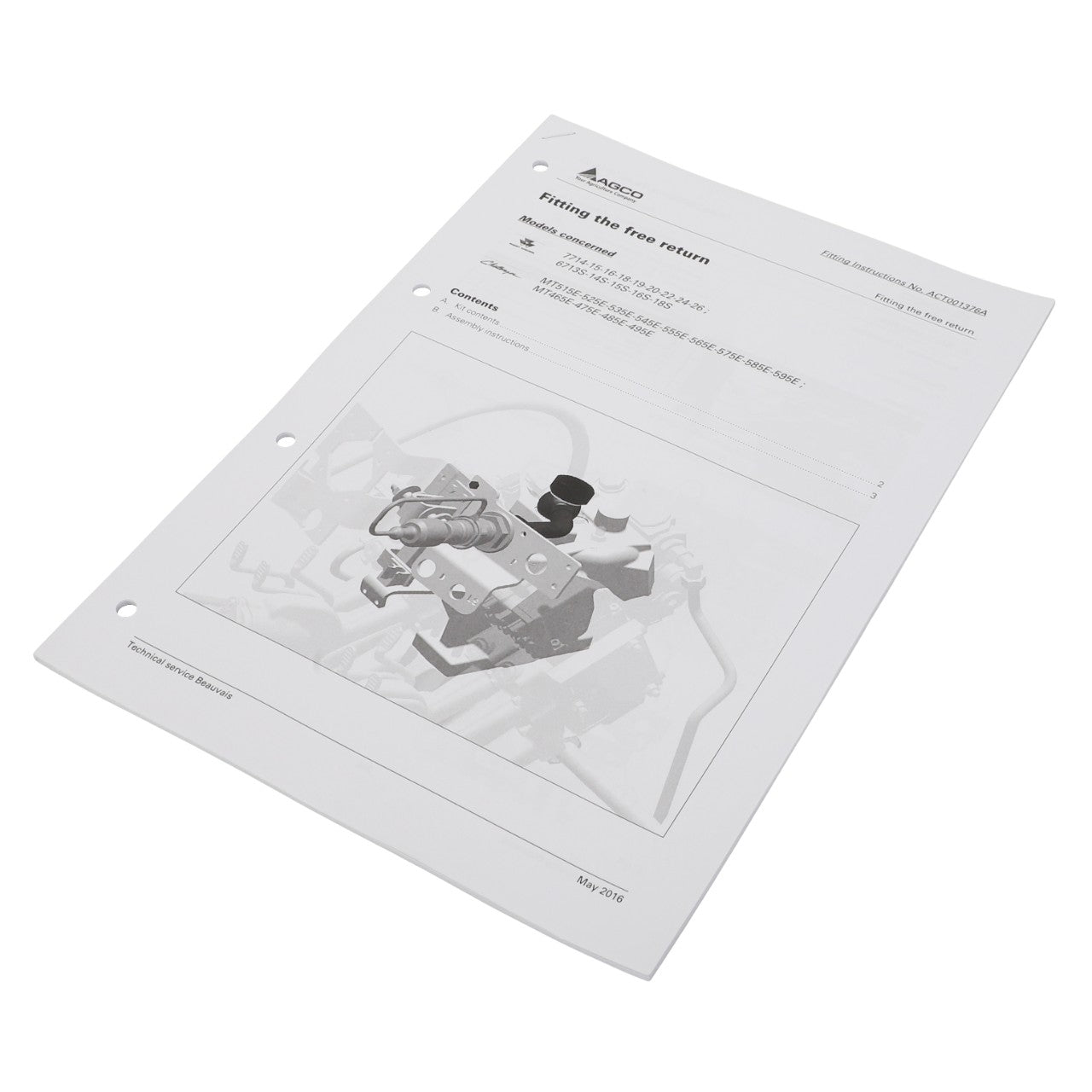 Instruction sheet named "Act001376A" by AGCO, featuring an illustration of machinery. Published in English by Axel in May 2018, it includes three punched holes for easy binder storage. There is no current product description available.