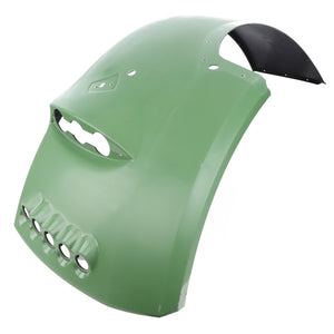 AGCO's Fender, Left in Fendt Green (H737812600010) features a sleek green automotive body panel with a black interior section. It boasts a cutout and four vent-like indentations on one side, making it perfect for machinery protection. Compatible with Fendt models, this fender assures you of AGCO Parts Genuine quality.