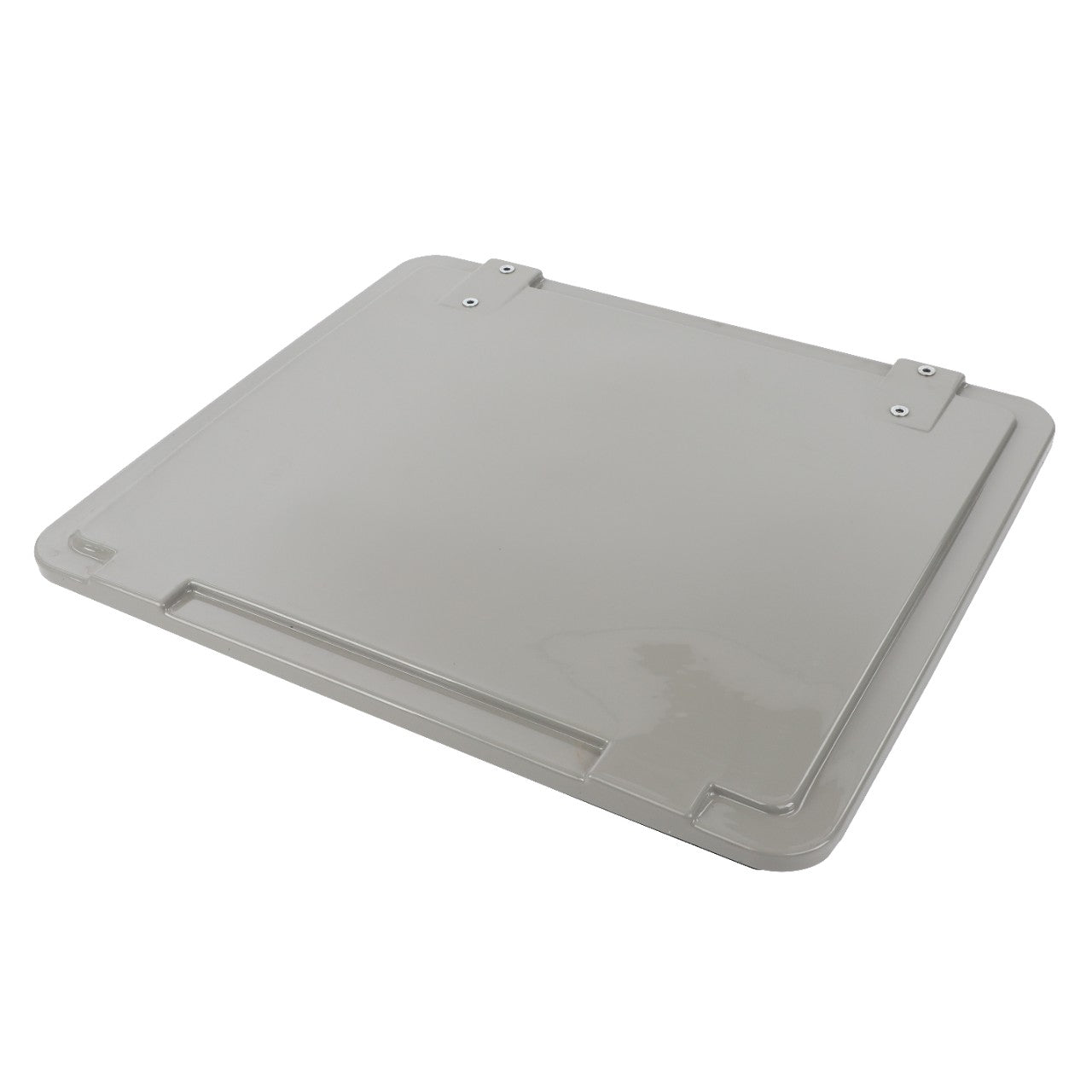 A gray rectangular plastic cover lid with two hinges on one edge, shown from a top-down view, designed for compatibility with Massey Ferguson Models. Product Name: AGCO | Roof Hatch - 3478355M1. Brand Name: AGCO