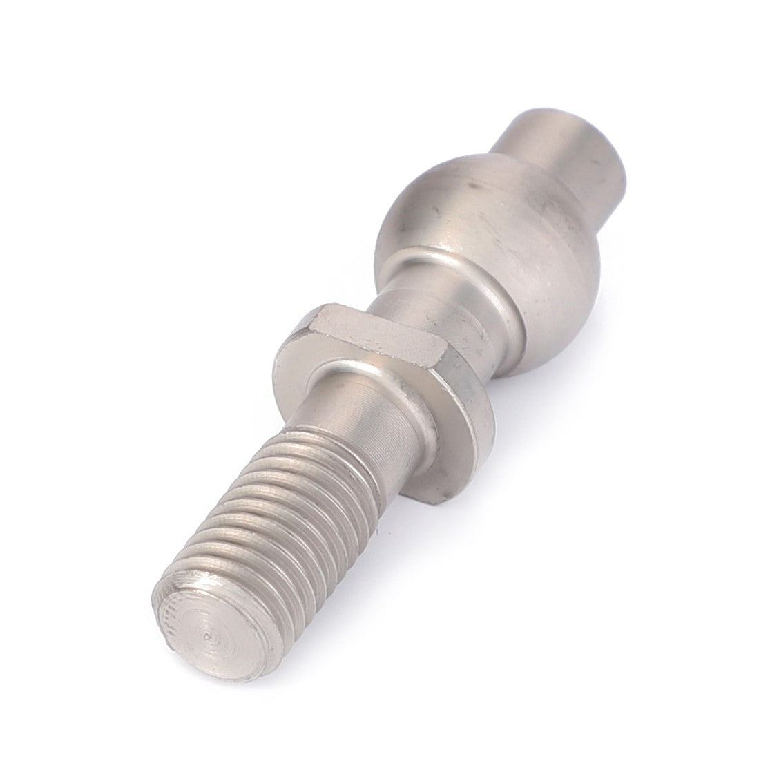 An AGCO | PIN - V30501920 metal ball stud bolt with a threaded rod, hexagonal flange, and spherical head lies on a white background.