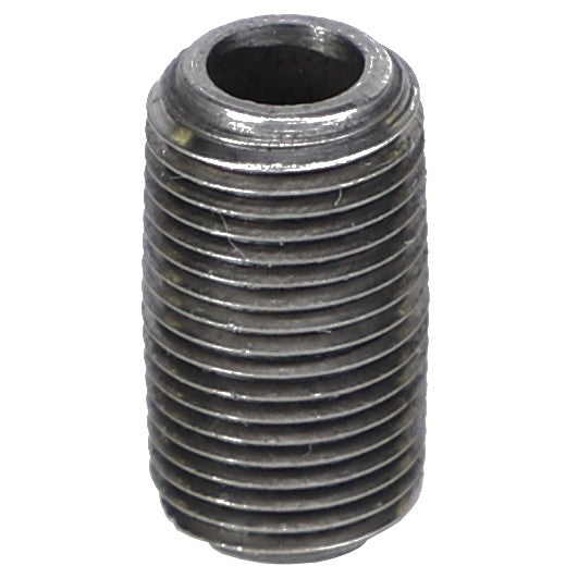 A close-up image of the AGCO CLOSE NIPPLE - AG554472, a metal, cylindrical, threaded pipe fitting with an open top is shown.