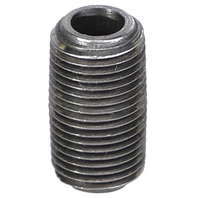 A close-up image of the AGCO CLOSE NIPPLE - AG554472, a metal, cylindrical, threaded pipe fitting with an open top is shown.
