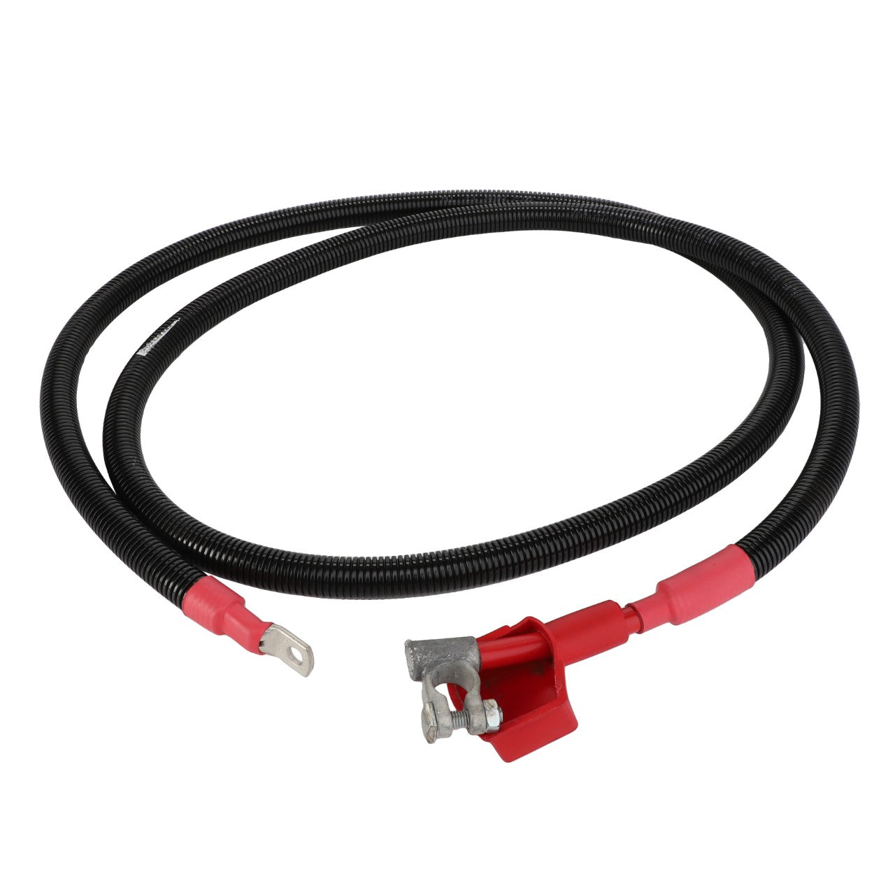 No current product description is available, but here is one for the AGCO Battery Cable - Acp0491550: a long, black insulated cable with red connectors on both ends, including a metal clamp and a ring terminal.