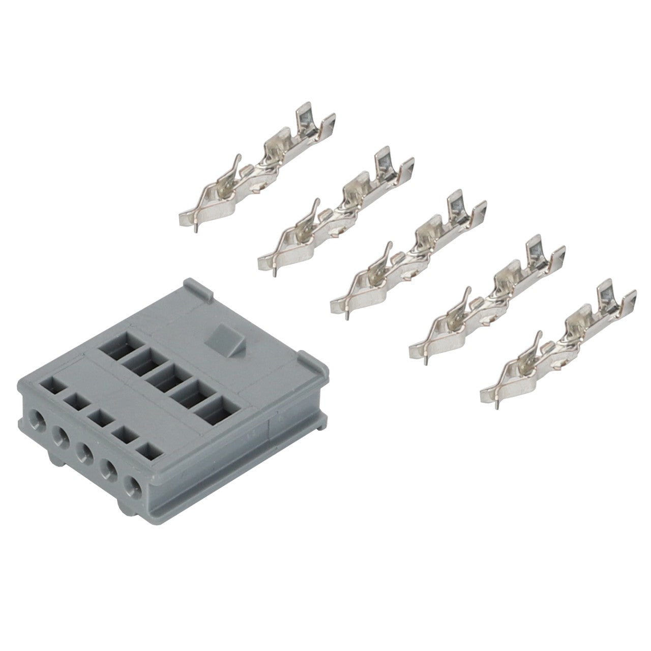 The AGCO | Disconnection Point - F339900950070 is a sleek gray plastic connector housing that features six neatly aligned slots and five durable metal connector terminals, all set against a clean white background.