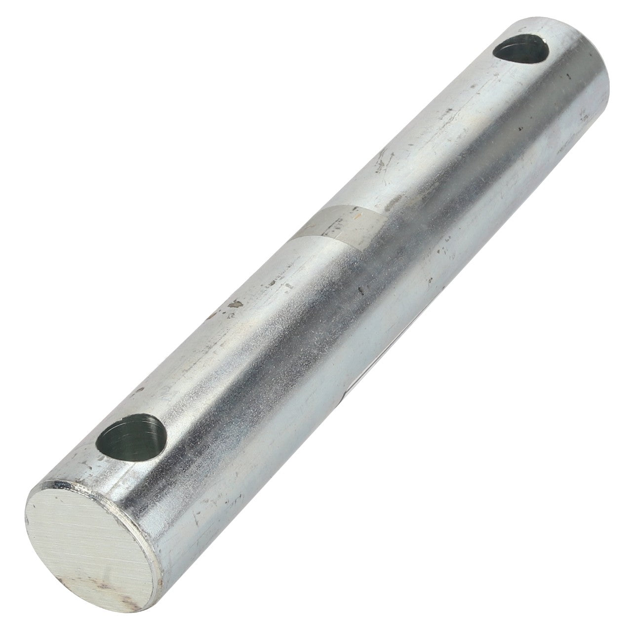 The AGCO Shaft - Acp0058860 is a cylindrical metal rod featuring two holes drilled through its length at both ends and boasts a polished finish.