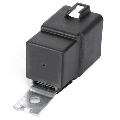 The AGCO Relay, 70 A - Acw0933610, by AGCO, is a black automotive relay with a metal mounting bracket. It features a plastic rectangular housing and electrical connectors, making it perfect for Massey Ferguson models.