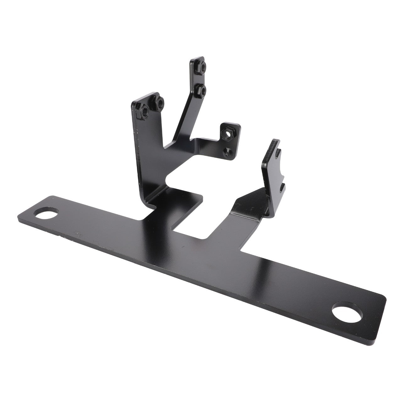 The AGCO Support - Acw011828A is a black metal bracket with multiple attachment points, designed for mounting or securing components. It features two holes on the flat base for easy installation.