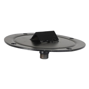 The AGCO COVER - AG121591 is a sturdy metal circular plate featuring a raised triangular centerpiece and a threaded bolt extending from its base.