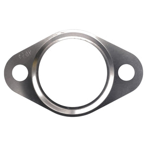 The AGCO Seal, Exhaust Pipe Cooler - F339202100030 is a precisely-engineered metallic flange featuring a central circular hole and two smaller mounting holes on either side, designed to meet stringent engineering material specifications by the AGCO brand.