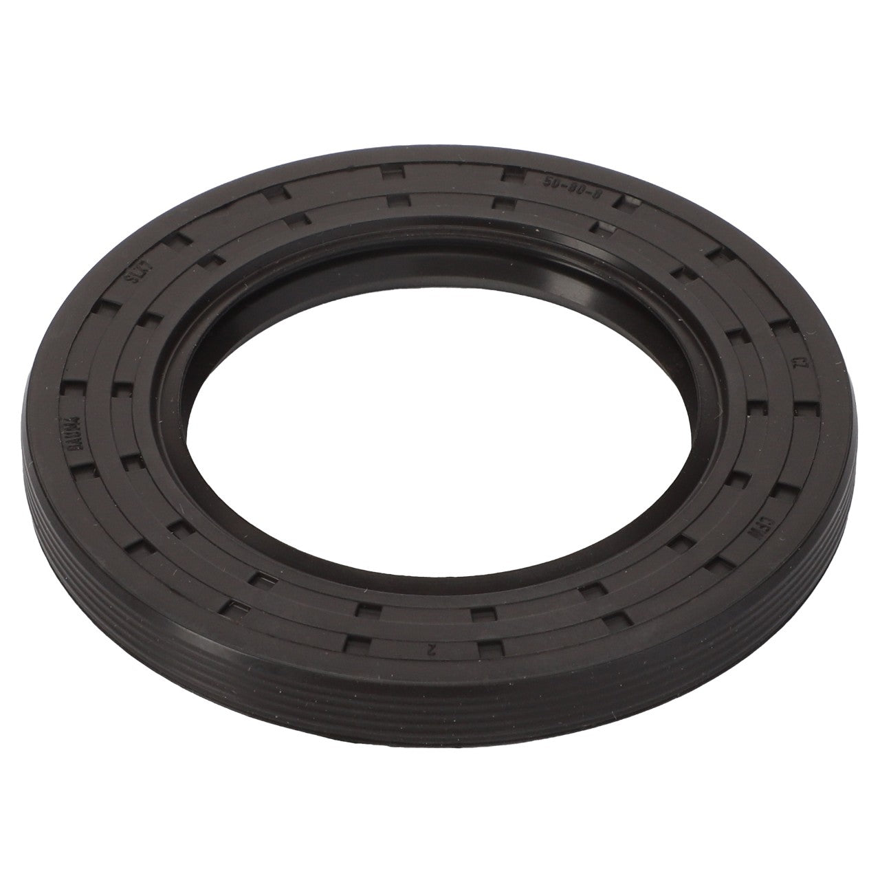 There is currently no product description available, but this circular black rubber oil seal, known as the AGCO | Dbl Lip Seal - 71480016 from the brand AGCO, features ridges and a central hole.