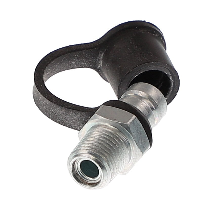 Close-up of the AGCO Diagnostic Nipple - AG519454, a metal and plastic air brake hose fitting with a loop, designed for connecting and disconnecting air lines in pneumatic systems. Currently, no additional product description information is available.