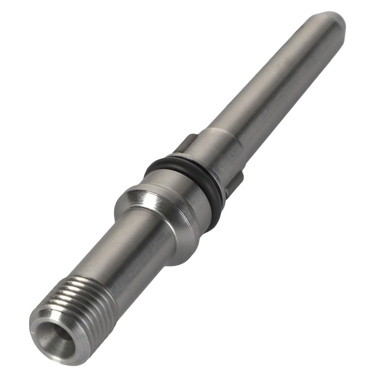 A metallic, cylindrical tool component with threading at one end and a smooth, tapered tip at the other, designed for precise applications in Massey Ferguson Models: the AGCO Fuel Pipe - V837074861.