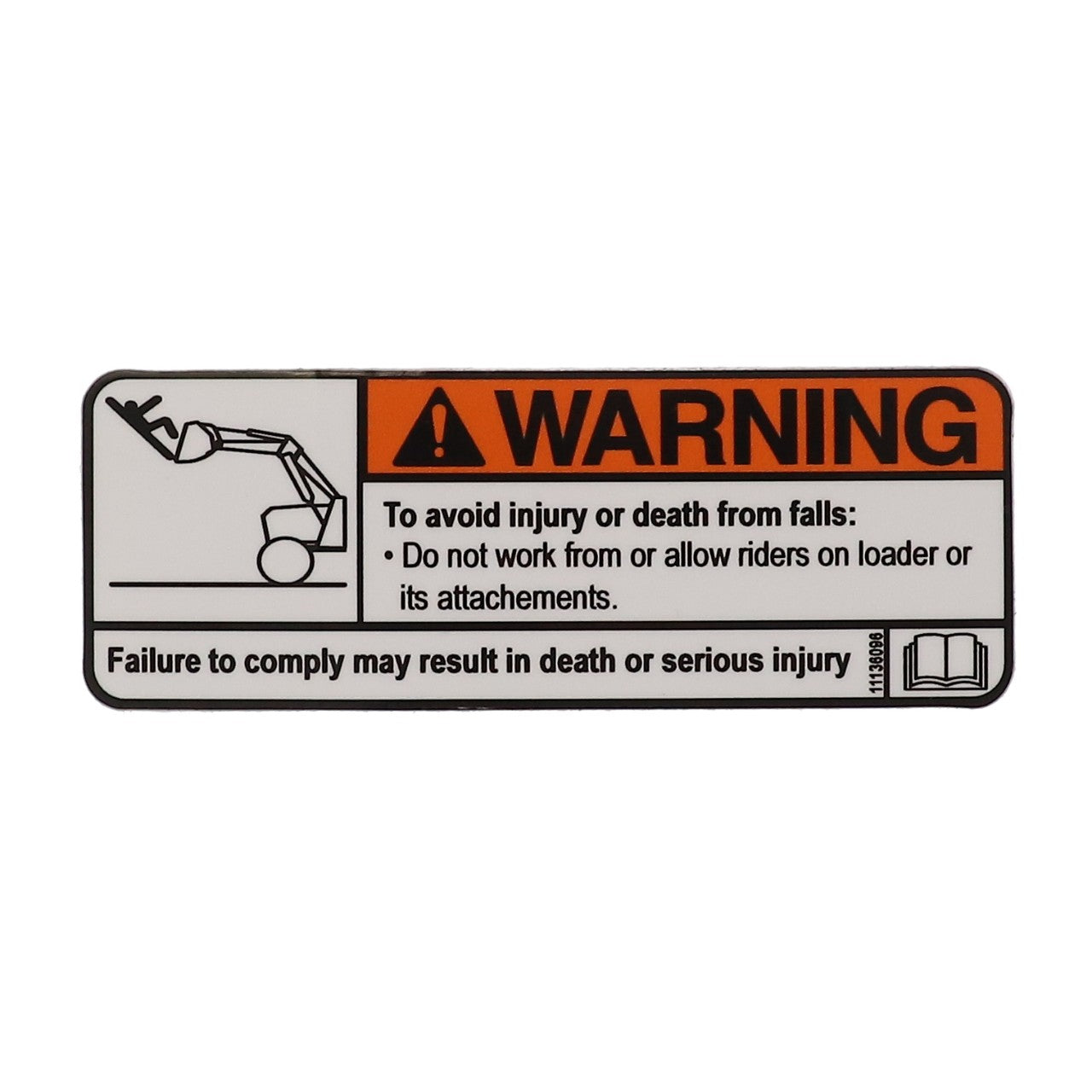 No current product description information is available for AGCO | DECAL - AL11136096. This warning sign advises against working from or allowing riders on a loader or its attachments to prevent injury or death from falls. Non-compliance may result in death or serious injury.