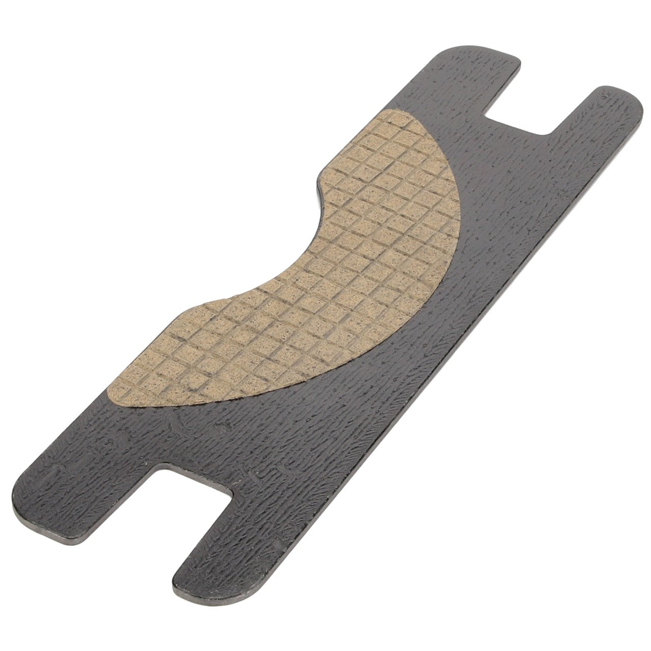 Close-up of the AGCO Brake Pad - Acp0483330, a rectangular, dark gray plastic object with a textured beige area and notches on both ends.