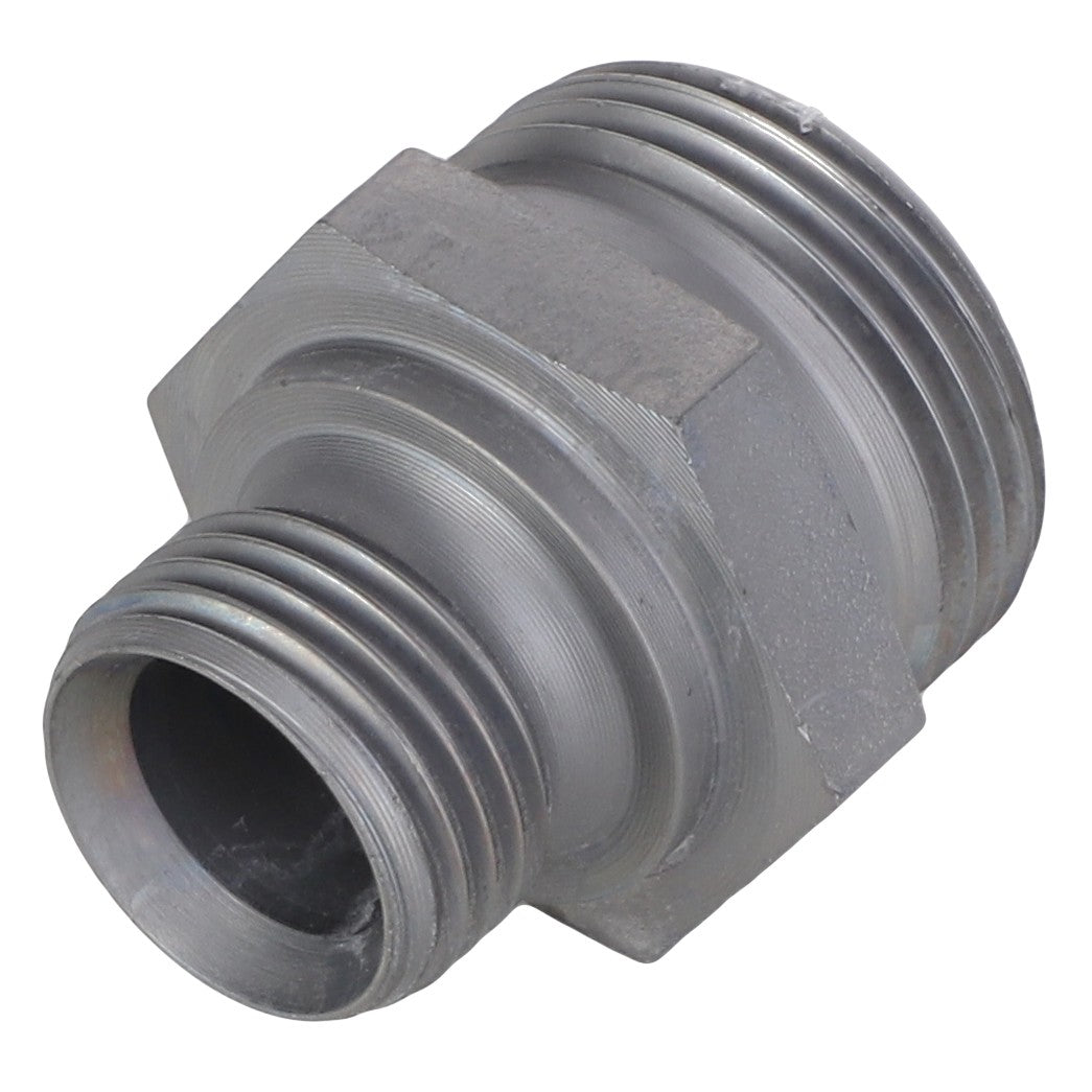 Product Description: The AGCO ADAPTER AL5050128 is a close-up image of a metallic threaded pipe fitting, showcasing visible threads on both ends designed for connecting pipes.