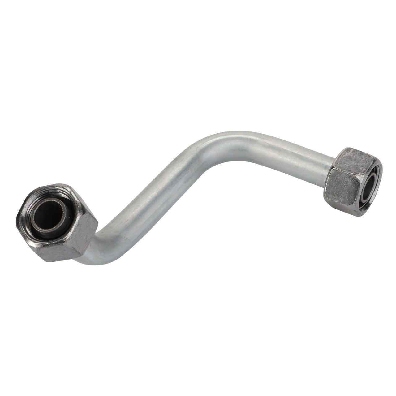 The AGCO Pipe - Acp0667610 by AGCO is a metal pipe featuring hexagonal nut fittings on both ends and a unique Z-shaped bend in the middle.