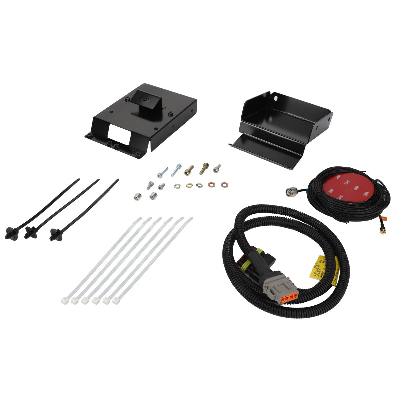 The AGCO Telemetry Kit - Acw066791A includes various components such as mounting brackets, zip ties, bolts, an electrical cable with connectors, and a circular red component.