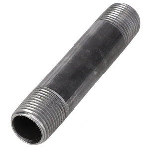 No current product description available for the AGCO Reducer Bush - Ag056441, a cylindrical, threaded metal pipe with threads on both ends and a smooth middle section.