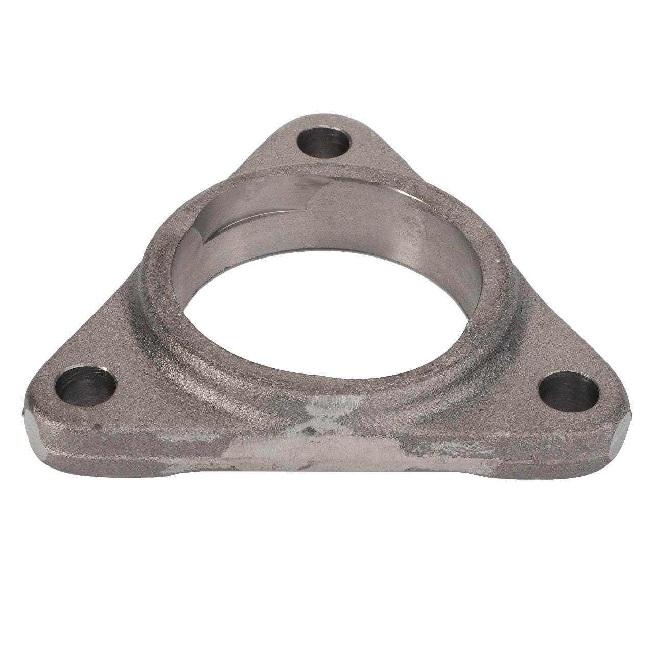 Introducing the AGCO BEARING HOUSING - D26733721, a precision-engineered metal flange with a large central hole, complemented by three smaller peripheral holes arranged in an equilateral triangular formation.