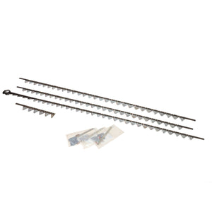 AGCO | KIT, KNIFE - D28286575 from AGCO comes with three metal anti-climb security spikes, each featuring multiple prongs. The kit includes mounting hardware packaged in plastic bags, all neatly arranged on a white background.