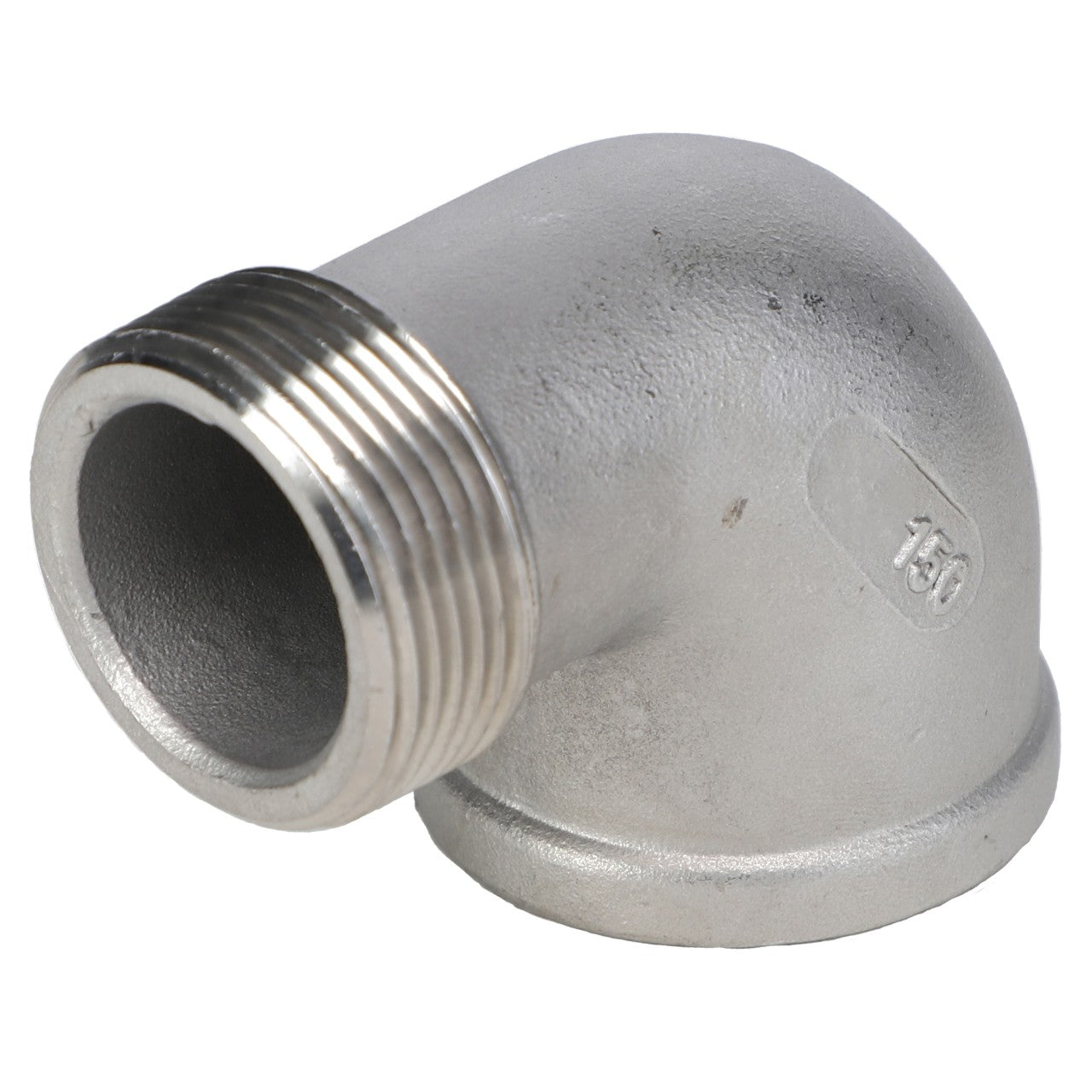 The AGCO Street Elbow - Ag051926 is a silver metal elbow pipe fitting featuring a threaded end and marked with the number "150.