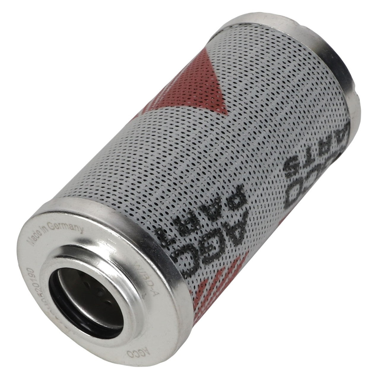 A cylindrical metal filter with perforated sides, a red and white pattern, and text reading "Made in Germany" and "ARGO-HYTOS," makes the AGCO Filter - H218Ph0520190 an ideal choice for Massey Ferguson equipment.