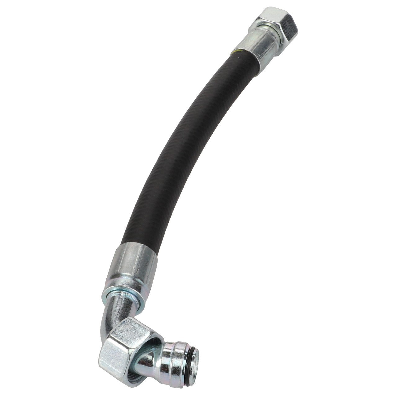 The AGCO | HYDRAULIC HOSE - D45130030 is a black rubber hose featuring metal connectors on both ends and includes a robust 90-degree elbow joint on one end.