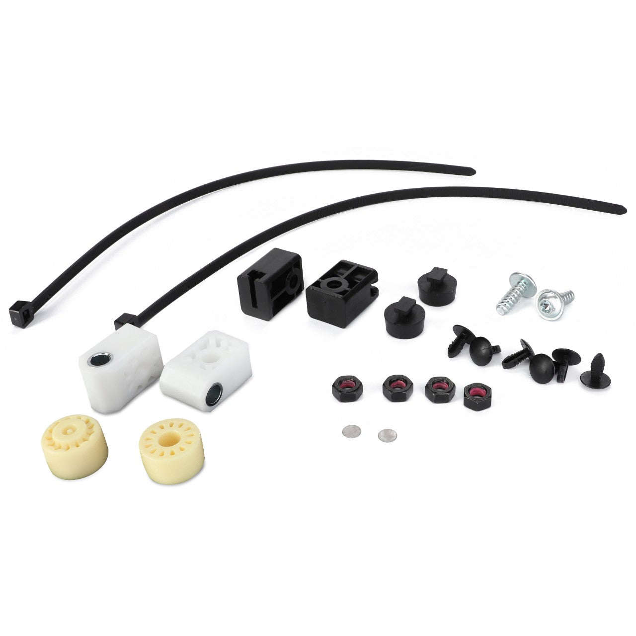 The AGCO | Seat Component Kit - F737812330250 contains various small plastic and metal components, including zip ties, screws, washers, gear-like pieces, and connectors. These parts are meticulously arranged on a white background. Please note that no current product description information is available from AGCO.