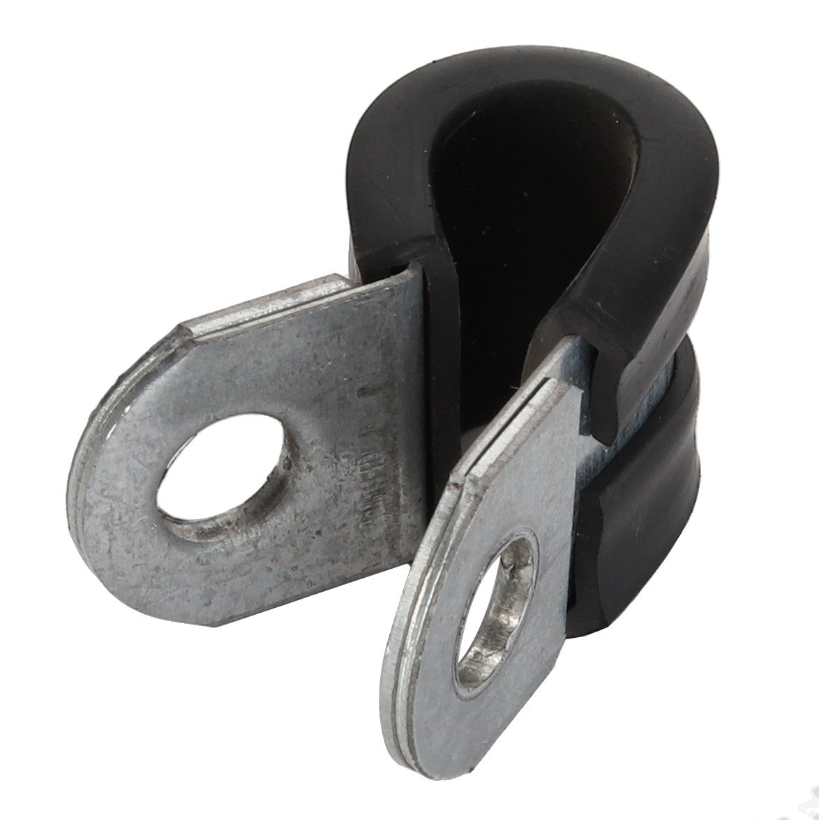 The AGCO Clamp - Acp0324720 by AGCO is a metal and rubber cable clamp with an industrial design. It features a sturdy metal loop with screw holes on each end for securing to various surfaces, complemented by a durable rubber lining for effective cushioning.