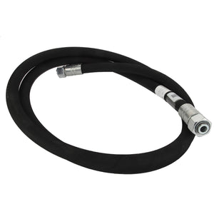 The AGCO | COOLER HYDRAULIC HOSE - ACP0532900, featuring a coiled black rubber design and metal fittings at both ends, is displayed against a white background.