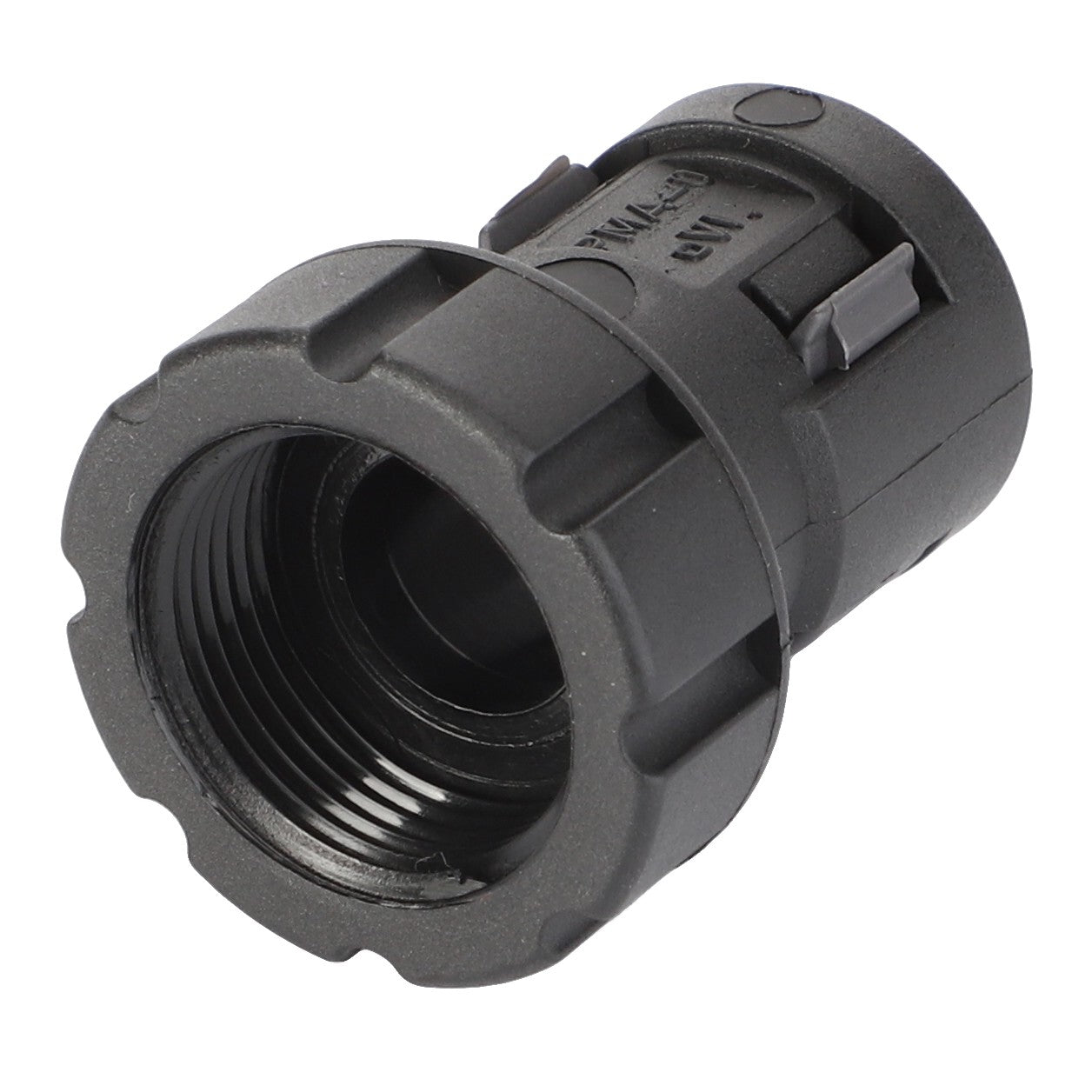 The AGCO | Connector Cover - D45010037 is a black plastic threaded hose connector featuring ridges and grooves for improved grip, making it ideal for equipment maintenance and fully compatible with AGCO parts.