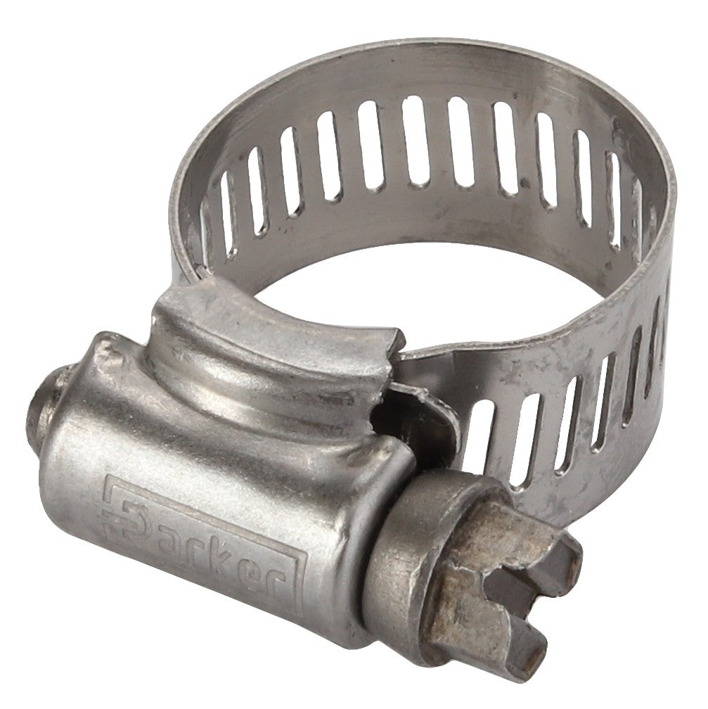 Introducing the AGCO CLAMP - D45728501, a stainless steel worm gear hose clamp with a slotted band and screw, designed for securely fastening hoses. Unfortunately, there is no current product description information available.