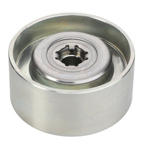 The AGCO Idler Pulley - F530200220200 is a cylindrical metal wheel bearing with a central hub and smooth outer surface; No current product description available.