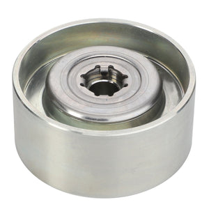 The AGCO Idler Pulley - F530200220200 is a cylindrical metal wheel bearing with a central hub and smooth outer surface; No current product description available.