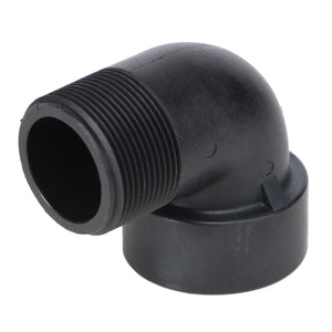 The AGCO Street Elbow - Ag050688 is a black plastic elbow pipe fitting, featuring one threaded end and one smooth end. No additional product description available for this item.