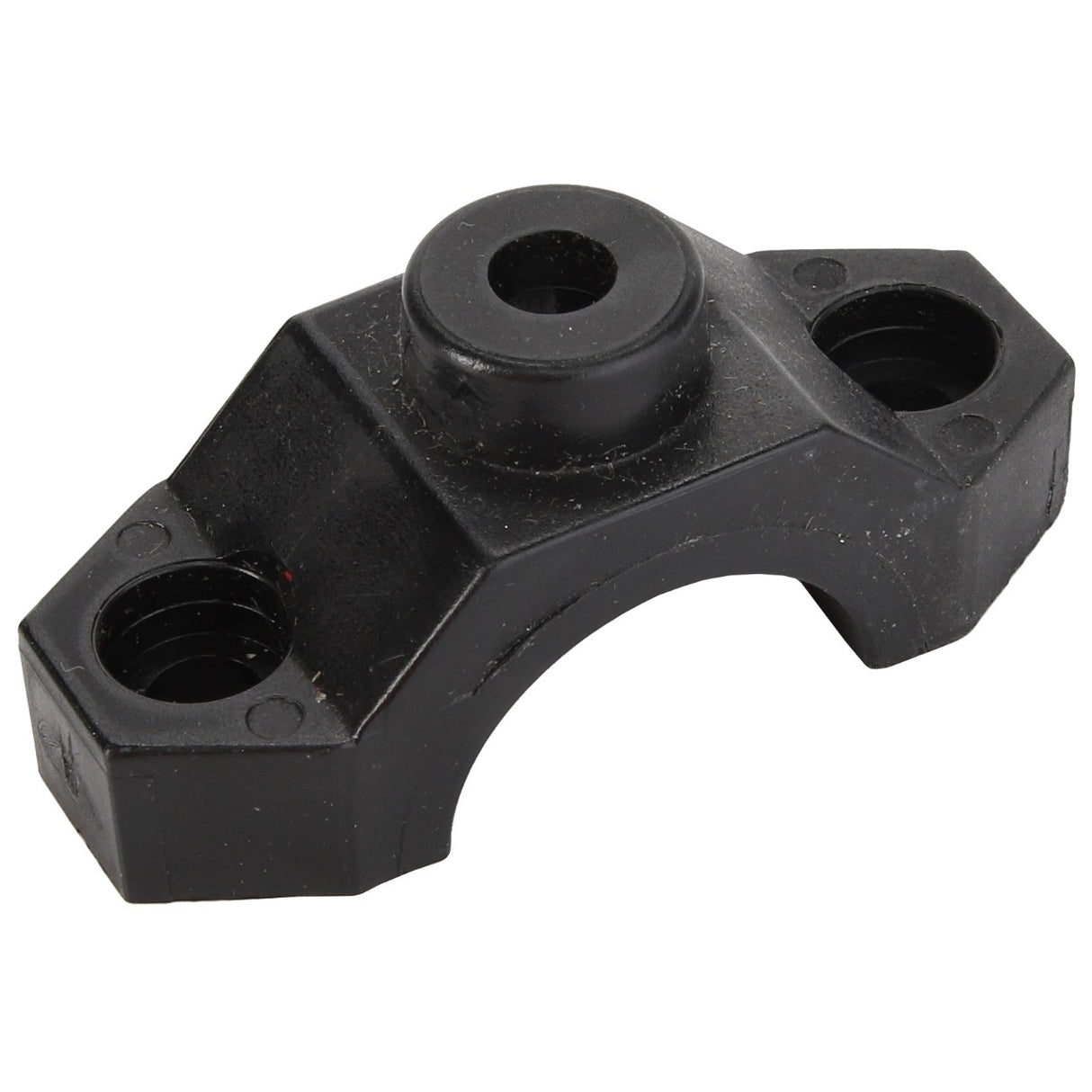 The AGCO | Pipe Clamp - AG609748 is a black metal mechanical bracket designed with a central cylindrical hole and two smaller side holes, offering versatile application options.