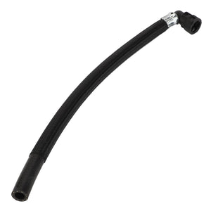 The AGCO Coolant Hose - Acw7585470 is a black flexible hose featuring metal connectors on both ends, with one connector straight and the other bent at a 90-degree angle.